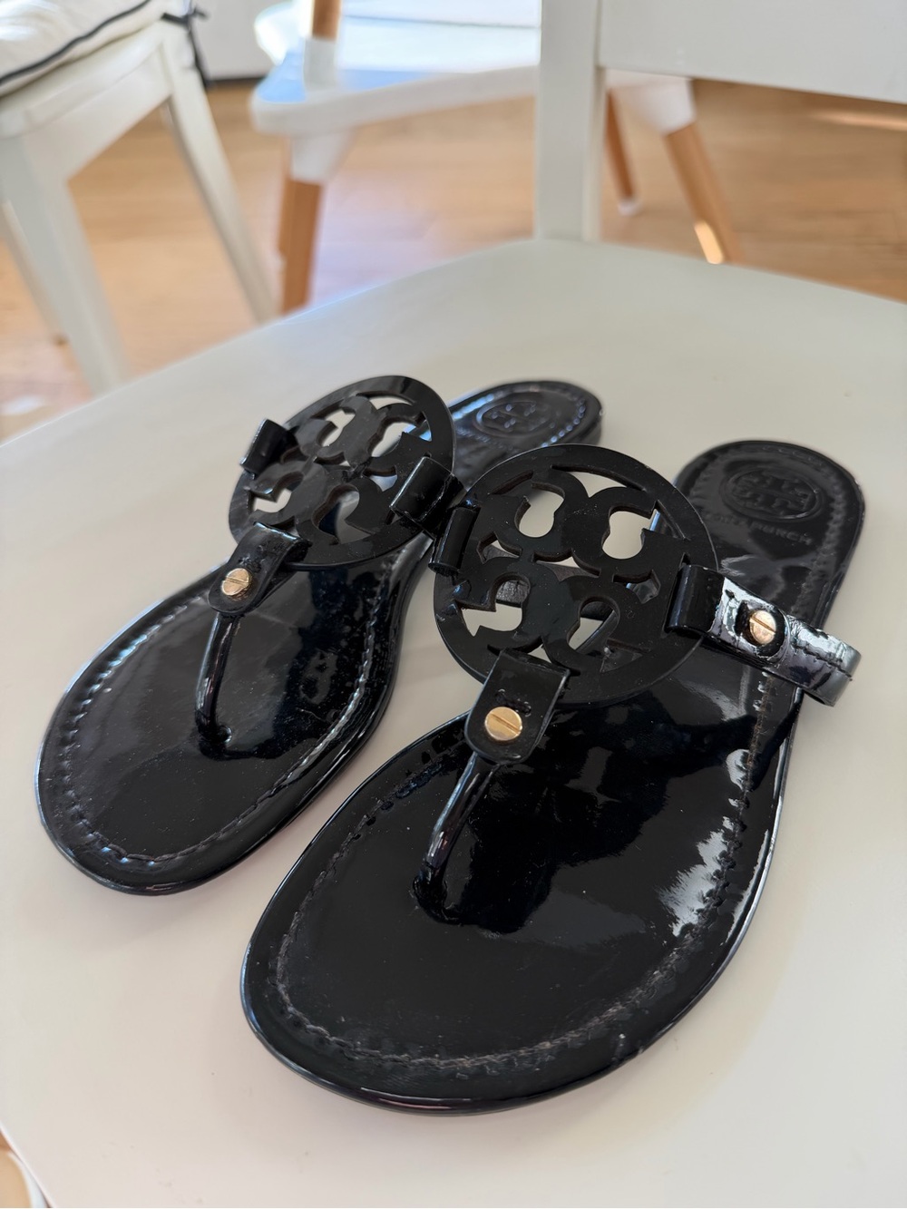 Tory Burch Black Patent Leather Logo Thong Sandals